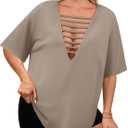 Remidoo Womens Oversized Tshirt Sexy Cut Out Top Ripped Shirt Short Sleeve V Neck Tee Beige Small (Beige, S)