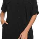 LUSMAY Women's Long Sleeve V Neck Button Down Shirt Dresses Casual Summer Dress with Pocket (Medium, Black)