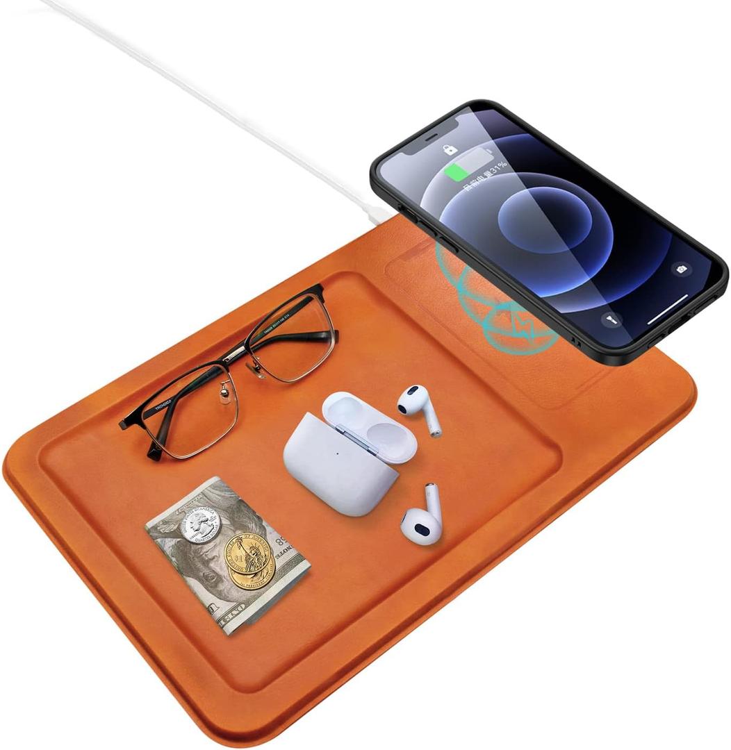 Valet Tray with Wireless Charging, Desk and Night Stand Organizer, 15W Charging Station, Wireless Charging Tray, Compatible with Wireless Charging Phone