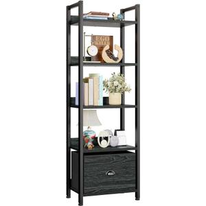 Furologee 5 Tier Bookshelf with Drawer, Kitchen Bakers Rack with Storage, Tall Narrow Bookcase, Industrial Free Standing Display Shelf, Wood and Metal Book Shelf for Bedroom, Living Room, Black