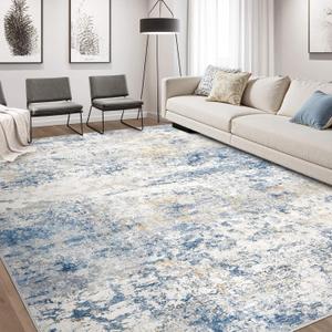 Area Rug Living Room Rugs - 8x10 Abstract Large Soft Indoor Washable Rug Neutral Modern Low Pile Carpet for Bedroom Dining Room Farmhouse Home Office - Blue
