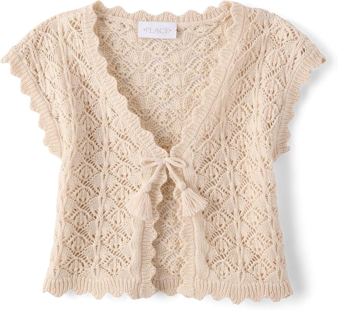 The Children's Place Girls' Short Sleeve Sweater Shrug (Beige, XS)