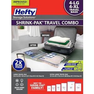 Hefty Shrink-Pak Travel Storage Bags – For Clothes, Pillows, Towels, Blankets & More – Space Saver Suction Sealer Bags for Luggage or Moving – 4 Large, 22.5x18 Inches, 4 XL, 27.5x 19.5 Inches