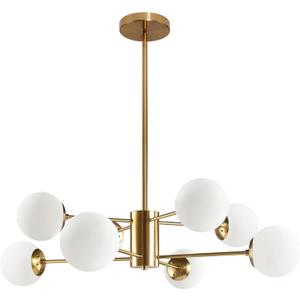 8-Light Globe Sputnik Chandelier Gold Mid Century Modern Light Fixture Brushed Brass Finished with White Frosted Globe Glass Lampshade Sputnik Chandeliers for Dining Room Kitchen Island Bedroom (8-Light, 35.4", 2-Tier)