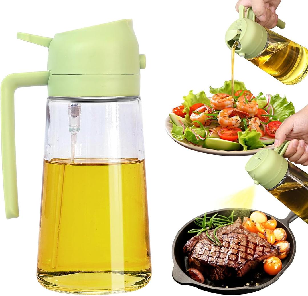 2 in 1 Oil Dispenser and Oil Sprayer, 470ml Dispenser Bottle Spray and Pour, Glass Olive Oil Sprayer for Cooking, Food-Grade Oil Spray Bottle Mister Spritzer for BBQ, Air Fryer, Kitchen (Green)