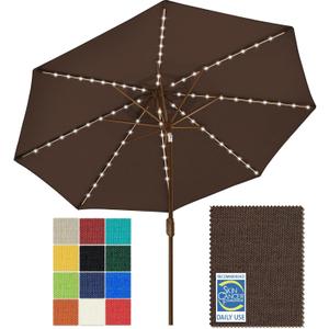 EliteShade USA 10-Year-Non-Fading 9ft Market Patio Umbrella, Commercial Grade Table Sun Umbrella with 80 Solar LED Lights, Crank Open, Windproof & UPF 50+ UV Protection for Garden, Deck, Pool, Backyard, Chestnut