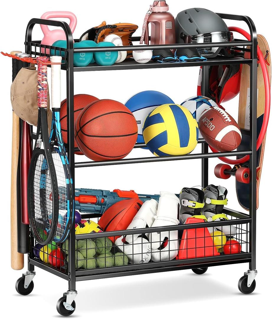 Ball Storage Sports Equipment Organizer - Garage Storage Cart Rolling Ball Storage Rack with Hooks Wheels Outdoor Indoor Gym Gear Toy Holder Bin for Basketball, Baseball, Soccer