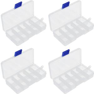 4 PCS 10 Grids Plastic Organizer Box with Dividers, Small Clear Tackle Container, Candy Large Bead Compartment