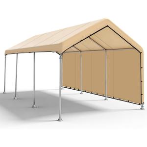 SIHAIAN 10 x 20 Ft Carport Replacement Canopy Cover with Sidewall(No Frame) Easy to Set up Carport Canopy, 500D Heavy-Duty Garage Top Tent Tarp Waterproof and UV Protected (Only Canopy Cover) Beige