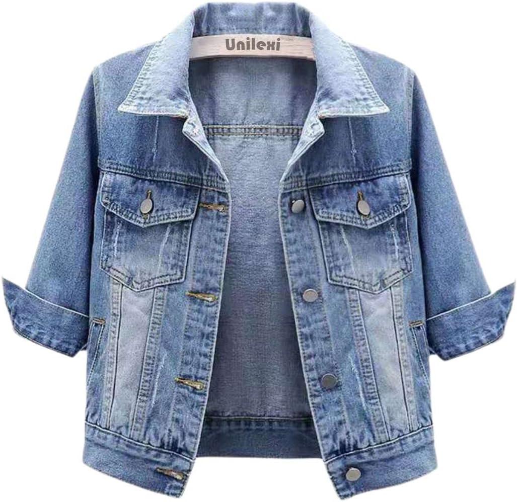 Unilexi Women's 3/4 Sleeve Colored Cropped Denim Jacket Light Wash Short Jean Jacket Trucker Coat,Large
