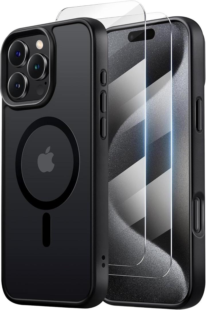 Tigowos for iPhone 16 Pro Max Pro Max case,Compatible with MagSafe,[16FT Drop Resistant][2 Tempered-Glass Screen Protectors] Shockproof case for iPhone 16 Pro Max Cases 6.9 inchBlack Set