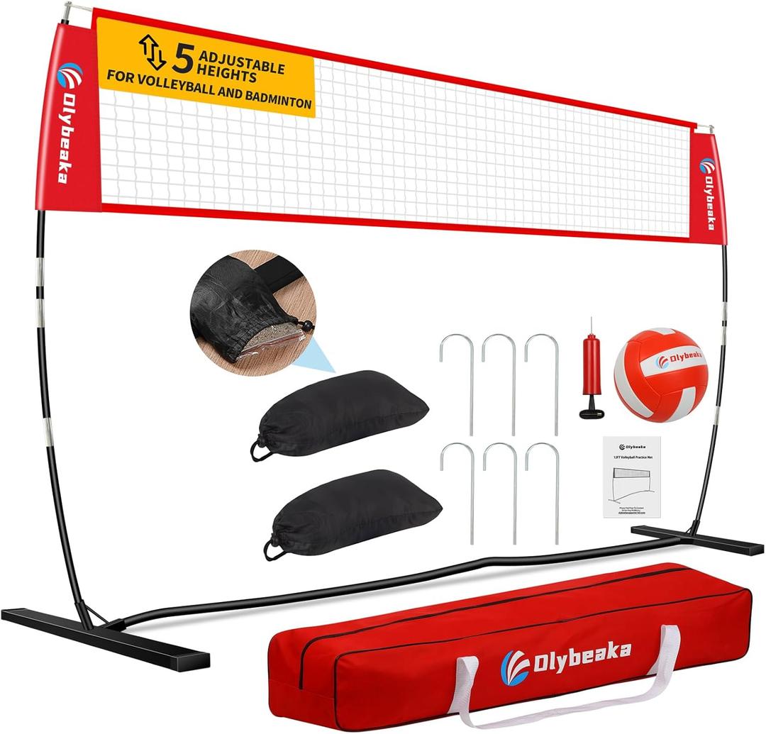 Portable Volleyball Net 5-Height Adjustable for Backyard with Widened Base, Tetoron Net, 6 Metal Stakes and 4 Sandbags, Volleyball Practice Training Equipment with Carry Bag (12ft, Red)