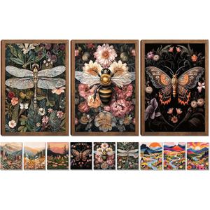 Framed Dark Academia Insect Wall Art Set, 3Pcs Vintage Gothic Floral Dragonfly Bee Moth Canvas Prints, 9 Bonus Posters,Cottagecore Moody Botanical Wall Decor for Living Room Bedroom Home, 24x16 Inch
