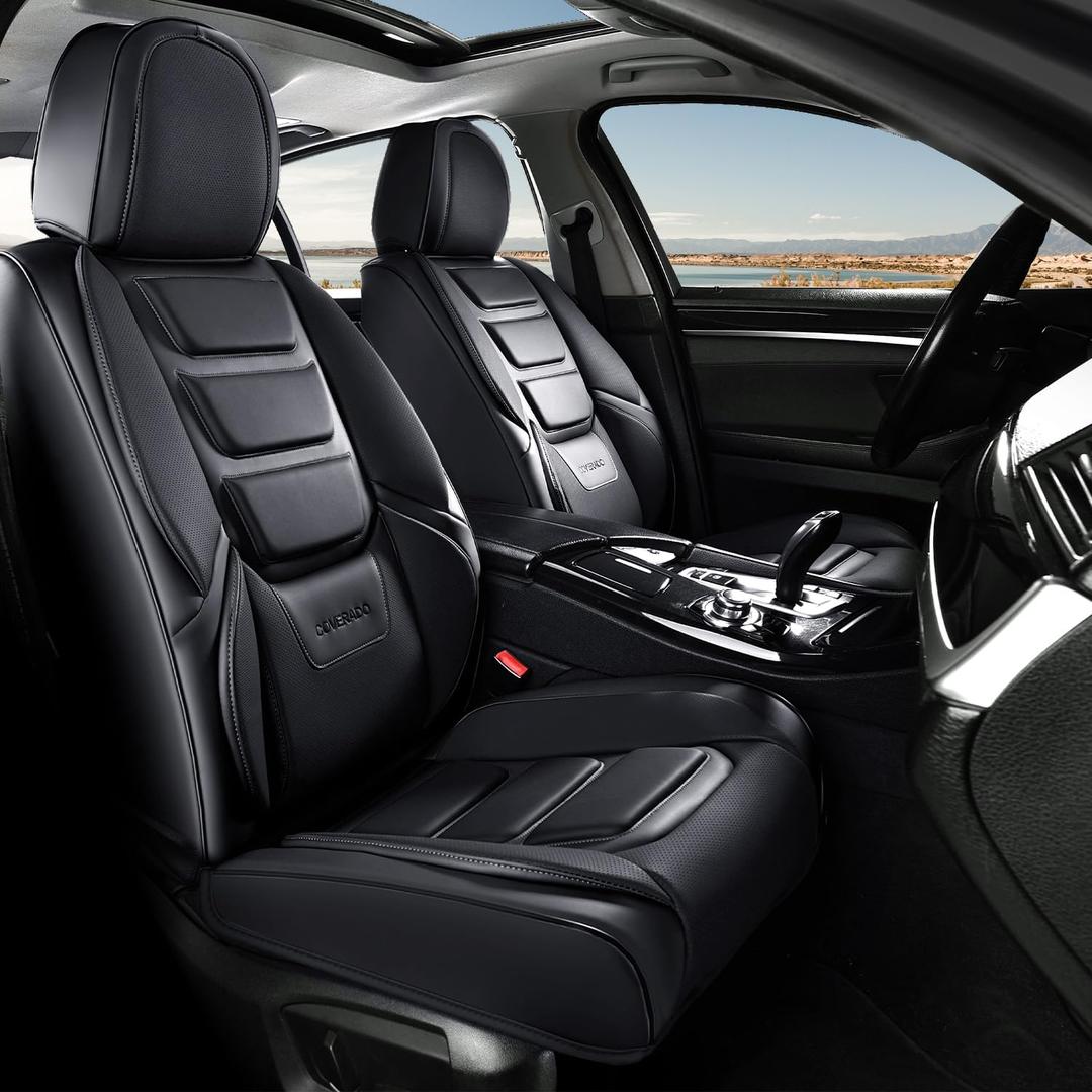Coverado Car Seat Covers, Front Covers for Cars, Car Seat Cover Front Seats, Automotive Seat Cover, Waterproof, Leather Car Seat Cushion, Universal Interior Covers Seat Protectors for Most Cars Black
