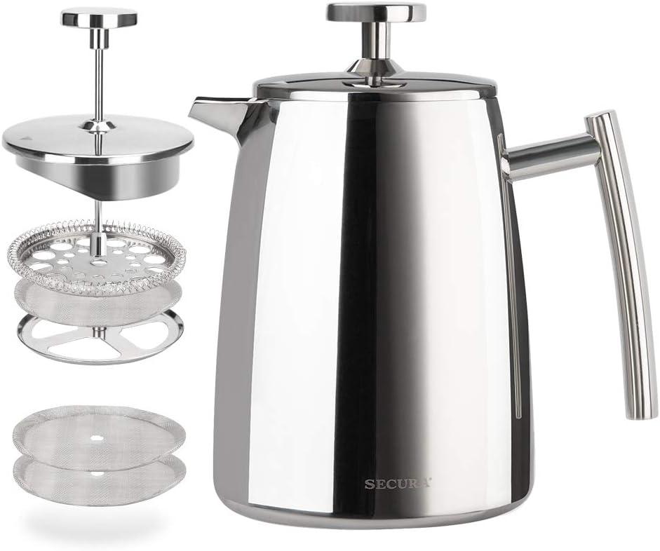 Secura French Press Coffee Maker, 17-Ounce, 304 Stainless Steel Insulated Coffee Press with Extra Screen
