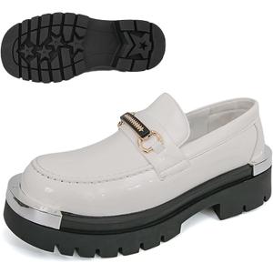 Men's Patent Leather Metal Decoration Chunky Platform Penny Loafers Luxury Round Toe Slip-On Lug Sole Dress Shoes Daily Non-Slip Shock Absorbing Outdoor Work Shoe (Size 11, White)