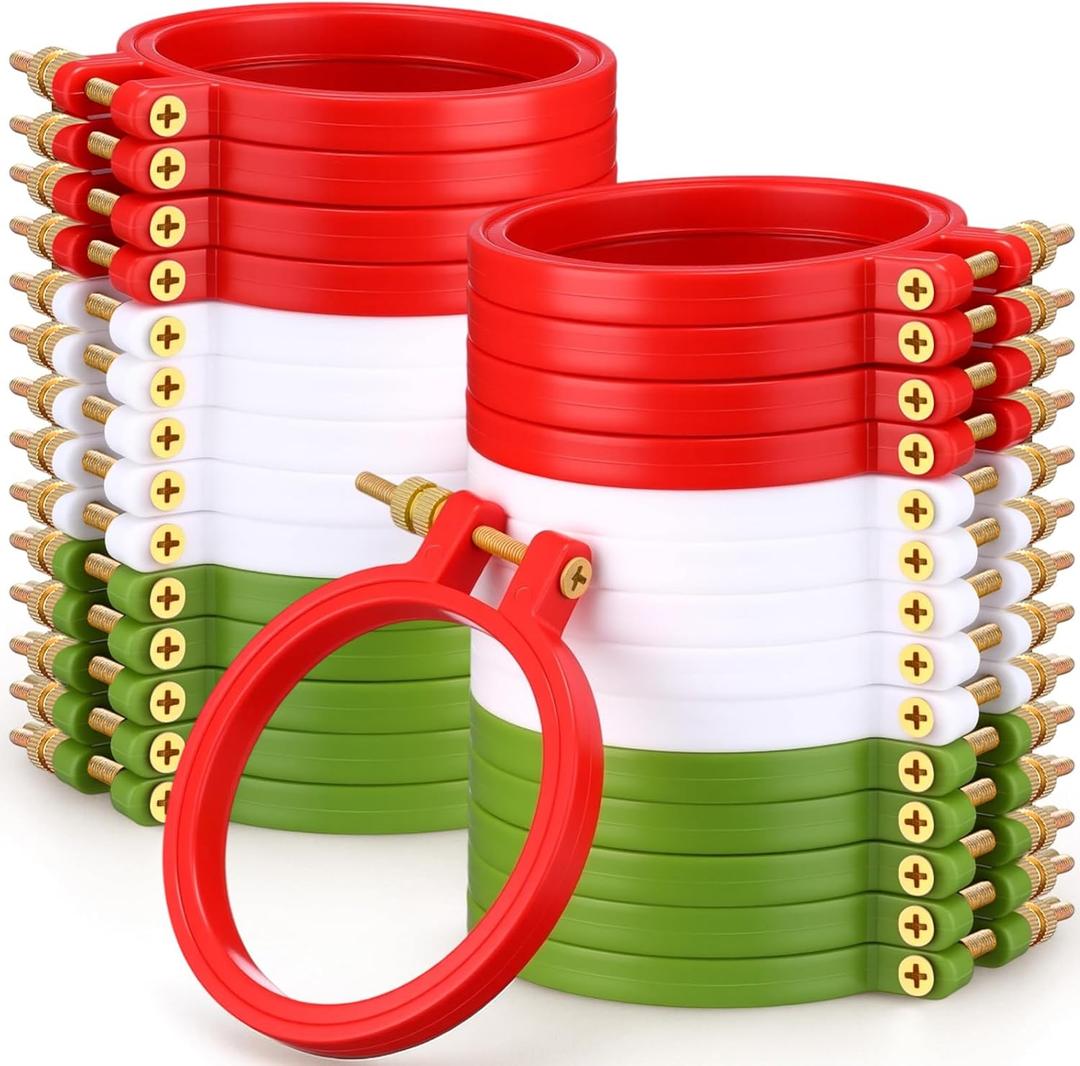 Knitgrip 24 Pcs Christmas Embroidery Kit Decoration Adjustable 3 Inch Embroidery Hoop Plastic Circle Cross Stitch Hoop Ring Art Craft Handy Sewing for Xmas Decoration Wall Wedding Garlands