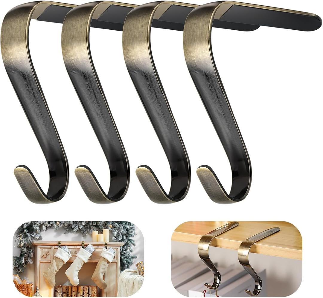 Nelyeqwo Christmas Stocking Holders for Mantle Set of 6, Heavy Duty Damage Free Stocking Hangers with Non-Slip Strips Mantle Fireplace Stocking Hooks for Christmas Party Decoration Bronze