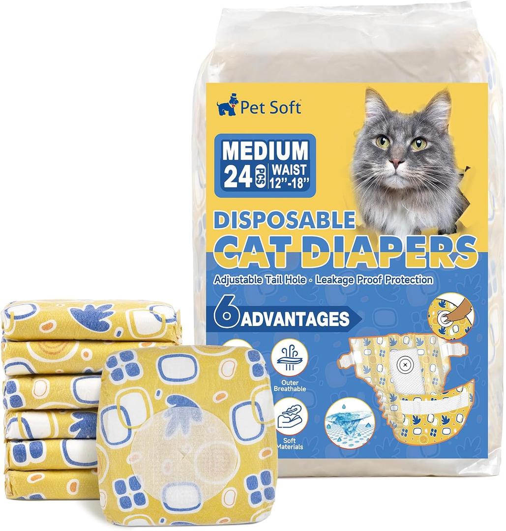 Pet Soft Disposable Cat Diapers - Diaper for Female & Male Cats, Puppy Doggie Diapers for Female Dogs with Adjustable Foam Tail Hole, Medium (24Pcs, Yellow)