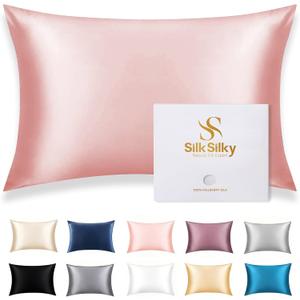 SilkSilky 100% Mulberry Silk Pillowcase - Pure 22 Momme High-Grade 6A Fibers for Hair & Skin, Hidden Zipper, Natural, Organic, Breathable & Cooling Pillow Case (Standard 20''x26'', Pink)