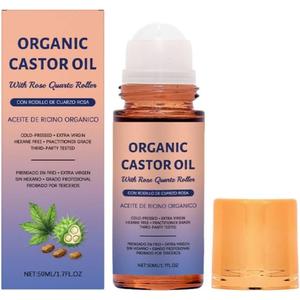 Organic Castor Oil Roll On, 100% Cold Pressed, with Rose Quartz Roller, for Brows, Lashes, Dry Skin & Face, Travel Friendly Leakproof Bottle (1p)