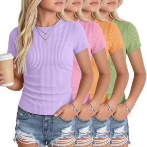 LessonZoo 4 Pack Girls Short Sleeve Slim Shirts, 4-Color, 13-14 Years