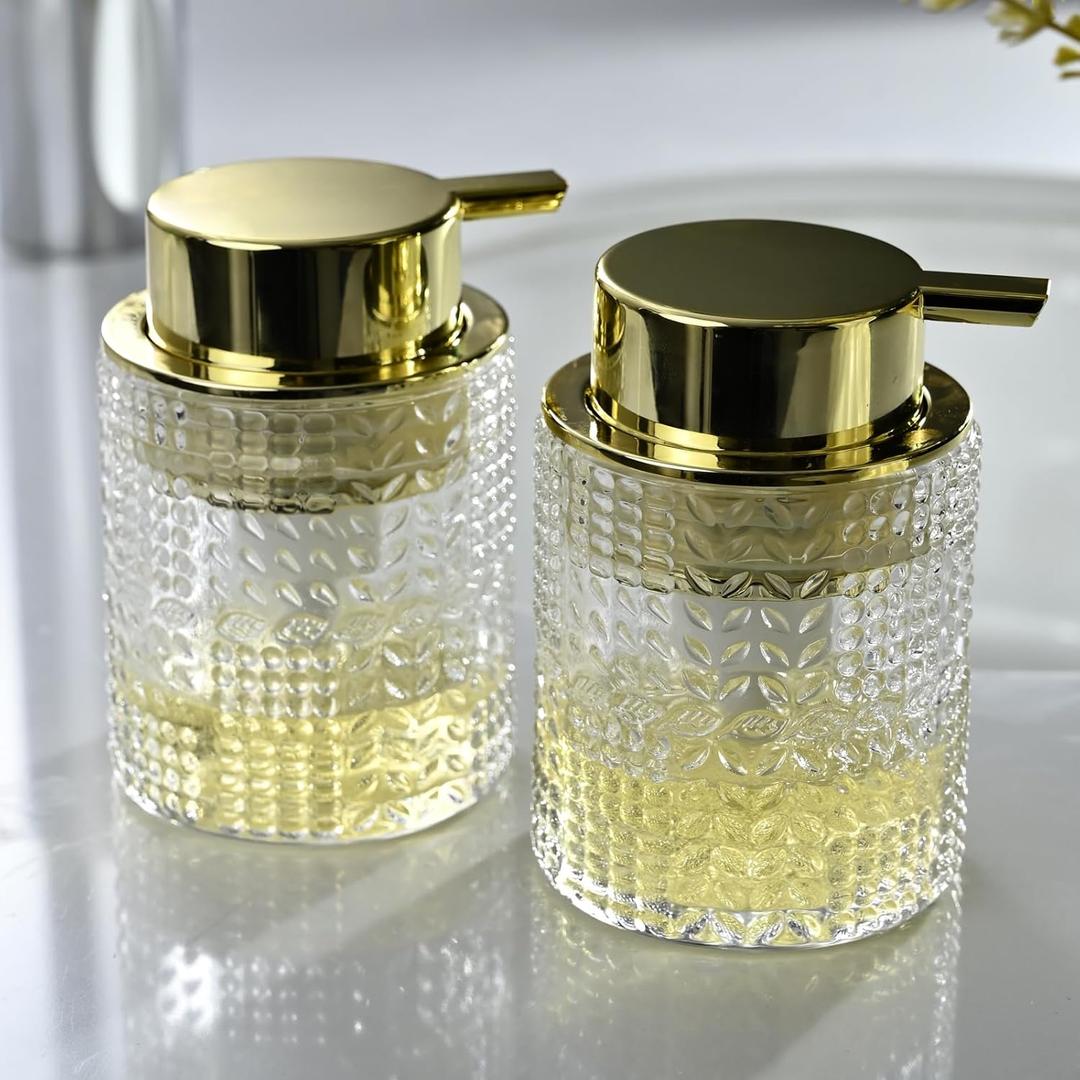 CICUFY Foaming Glass Soap Dispenser,Hand Foam Soap Dispenser for Kitchen & Bathroom-2 PackB-Type Clear Glass/Gold Pump