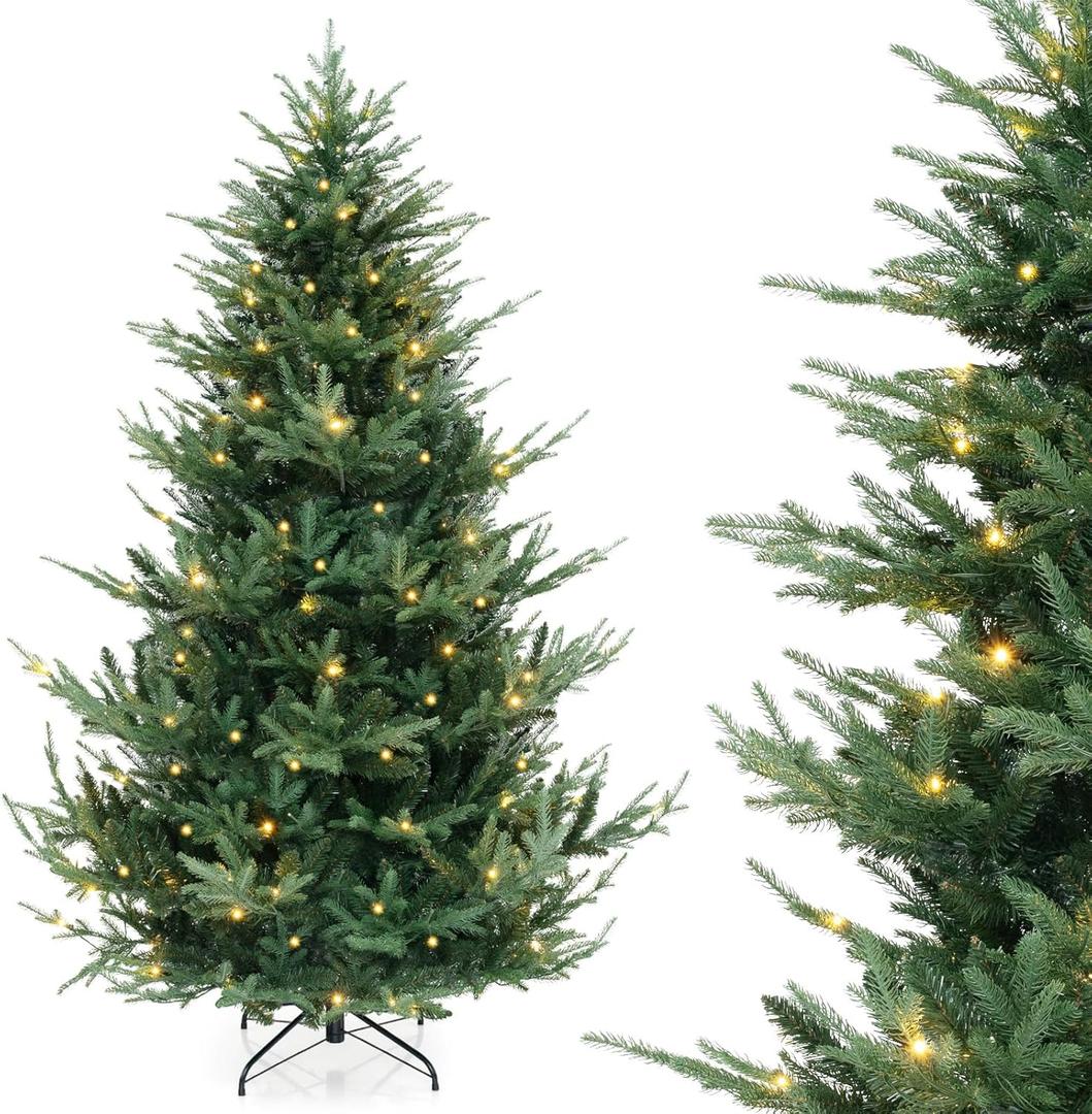 HAPPYGRILL 7 FT Pre-Lit Artificial Christmas Tree, Hinged Xmas Tree with 1090 PVC PE Branch Tips, 340 Warm White LED Lights, 8 Lighting Modes & Gloves, Fake Green Tree for Home, Carnival & Party