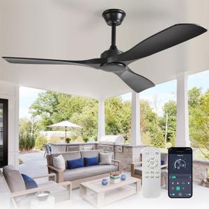 Depuley Ceiling Fan Without Light: 52 Inch 3 Blade Indoor Outdoor Fans for Patios - Black Ceiling Fan No Light Remote APP Control Ultra Quiet DC Motor Reversible 6 Speed Timer