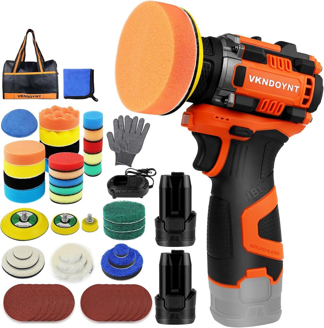 Brushless Cordless Polisher, 2 Variable Speed Mini Buffer Polisher (0-500/0-3000 RPM), 2Pcs 3.0Ah Batteries, 1/2/3" Backing Pads, 52 Accessories, Small Sander for Car Detailing/Buffing/Sanding/Waxing
