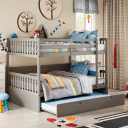 PVWIIK Twin Over Twin Rubber Wood Bunk Bed with Trundle for Kids,Boy,Girl Bedroom, Convertible into Twin Size Beds, Twin Size Bunk Bed with Ladder and Safety Guardrails,Grey