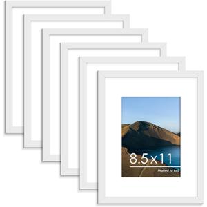 PEALSN 8.5 x 11 Picture Frame Set of 6, Display Pictures 6x8 with Mat or 8.5 x 11 without Mat for Wall Mounting Display, Photo Frames Collage for Wall Decor, White Woodgrain.