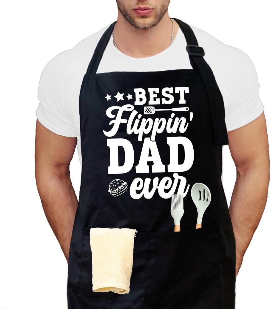 APASIN Funny Cooking Apron for Dad, Grilling apron for men with 2 large pockets, Adjustable neck strap, Gift for Dad, Father (Best Flippin' Dad Ever)