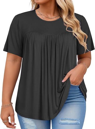 VISLILY Women's-Plus-Size-Tops Trendy Summer Short Sleeve T Shirts Cute Flowy Pleated Blouses Casual Loose Fit Tunics
 2XL, Black 