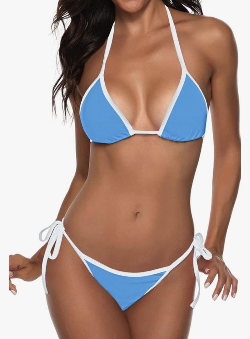 Suvimuga Women Two Piece Swimsuit Color Block Swimwear Halter String Triangle Bikini Sets.S