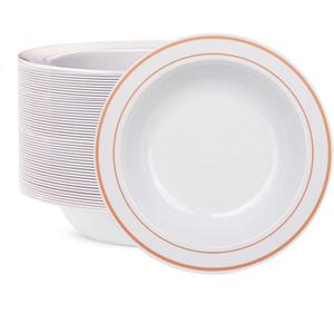 WDF 60pcs Disposable Plastic Bowls-12 oz Soup Bowls - Rose Gold Trim Salad Bowls - Premium Heavy Duty Plastic Plates for Wedding/Party/Birthday/Mother's Day