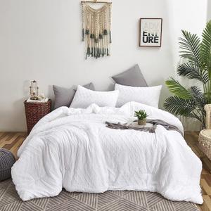 Houseri White Comforter Queen Size Boho Set Full Tufted Jacquard Bedding Sets Plain Shabby Chic Farmhouse Girls All Bed