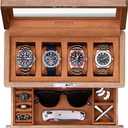 ROTHWELL 4-Slot Solid Walnut Watch Box with Valet Drawer - Premium Jewelry Display Case Organizer with Locking Glass Top and Microsuede Liner for Men & Women (Tan Interior)