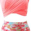 Women High Waisted Swimsuit Halter Triangle Bikini Mold Cup Swimwear Push Up Bathing Suit (Pink, L)