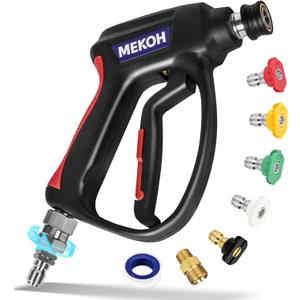 MEKOH Short Pressure Washer Gun with Swivel, 5000 PSI High Power Washer Spray Gun, 10 GPM Foam Gun with 3/8" Quick Connect, M22-14mm for Extension Wand, Hose, Pressure Washer Handle with 5 Nozzle Tips