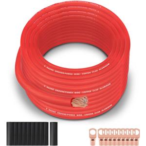 8 Gauge Wire (50FT Red) SGANGCAR True Spec Power Ground Wire Cable with 10 Lugs, 10 Heat Shrink Wrap,Copper Clad Aluminum CCA,for Power/Auto,Amplifier,Car Audio Speaker,Ground Cable