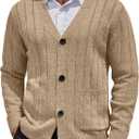 COOFANDY Men's Cardigan Sweater Cable Knit V Neck Button up Sweaters Ribbed Cardigan Sweater with Pockets (Beige, L)