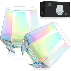 Wine Glasses Set of 2, Diamond Stemless Wine Glasses - Iridescent Glassware