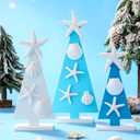 3 Pcs Coastal Christmas Tree Decor Wooden Beach Themed Seashell Starfish Shell Small Christmas Tree Decorations for Coastal Ornaments Ocean Theme Holidays for Indoor Home Xmas (Mixed)