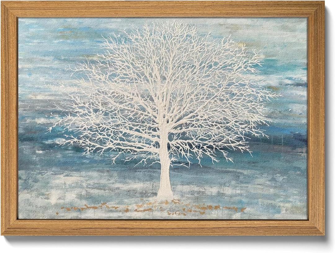 Framed Tree of Life Wall Art Pictures for Living Room, Modern 3D Textured Blue White Beige Tree Painting, Minimalist Nature Wall Decor for Bedroom, Bathroom, Office Home Decor 16x24 inch