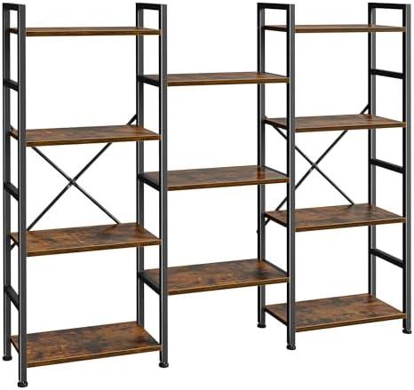 SUPERJARE Triple 4 Tier Bookshelf, Bookcase with 11 Open Display Shelves, Wide Book Shelf Book Case for Home & Office, Rustic Brown