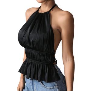 MakeMeChic Halter Tops for Women Going Out Tops Y2k Ruffle Cute Summer Backless Top (Large, Black)