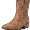 DREAM PAIRS Women's Cowboy Cowgirl Western Boots Embroidered Stitched Ankle Boots Square Toe Chunky Heel Fashion Short Booties with Zipper, Size 8