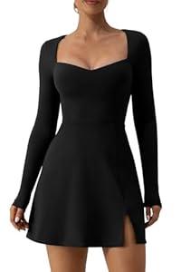 QINSEN Long Sleeve Dress for Women Sexy Sweetheart High Waist Flare Mini Dress Clubwear Black M