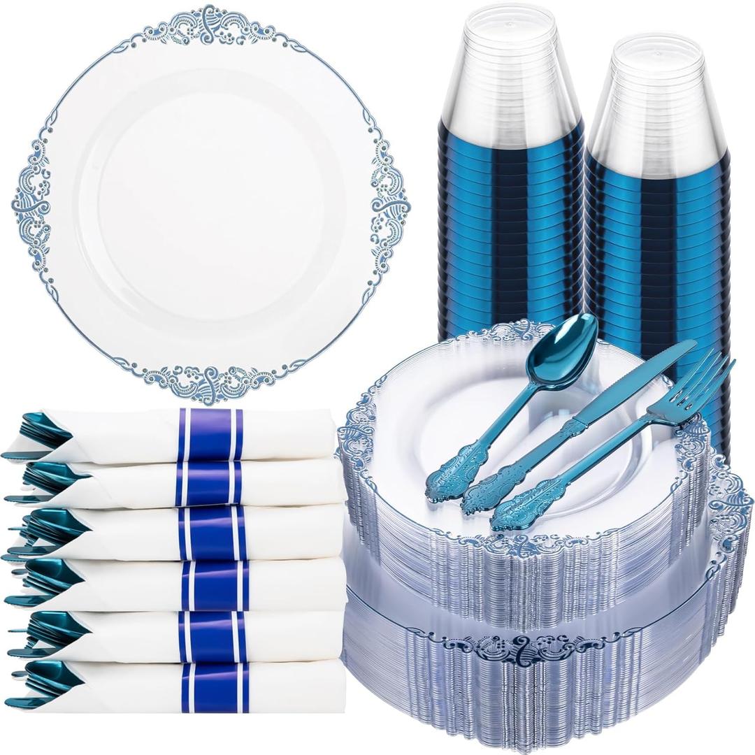 Hioasis 175pcs Clear and Blue Plates - Blue Party Plates for 25 Guest, Include 50 Heavy-duty Plates(20% Thicker Than Standard), 25 Pre Rolled Gold Plastic Silverware Set, 25 Cups